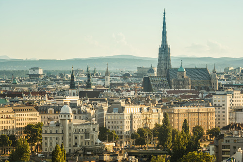 Vienna, Austria - July 1, 2016: Cityscape of Vienna, St. Stephen's Cathedral at the background.